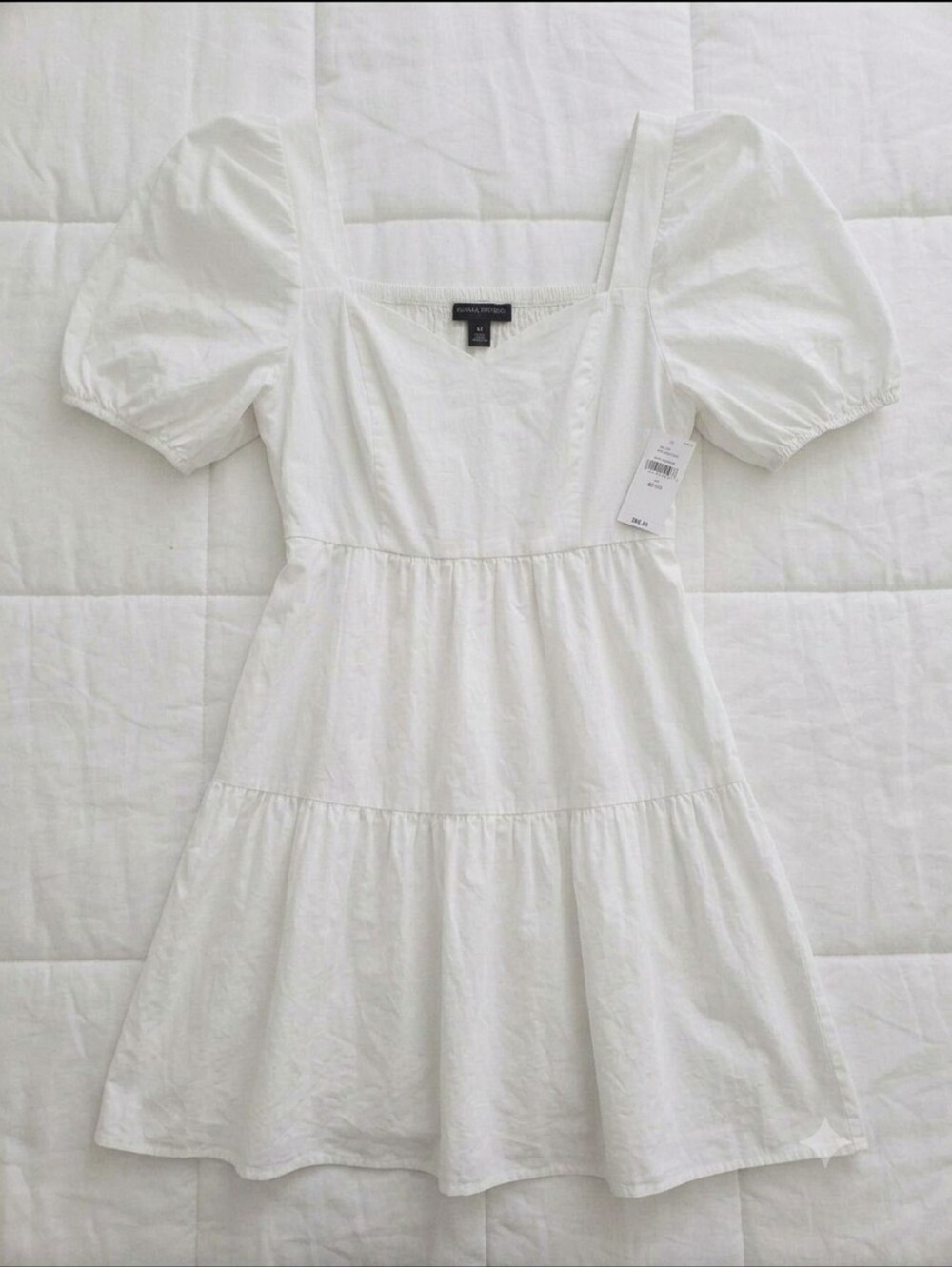 NWT Banana Republic White Puff Sleeve Tiered Poplin Mini Dress | Medium Petite